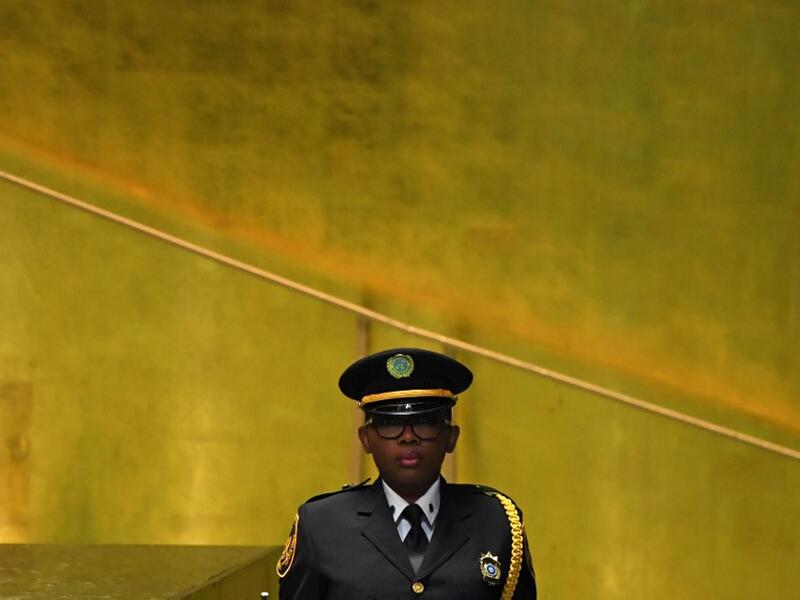 A United Nations Security Officer Honor Guard is seen during the 74th Session of the General Assembly at the United Nations headquarters on September 25, 2019 in New York. TIMOTHY A. CLARY / AFP