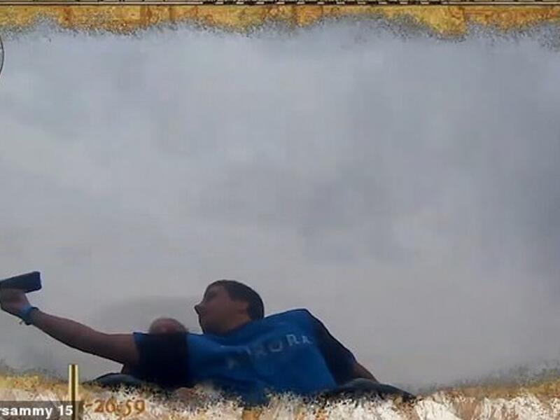 The footage was recorded on the ride's dashcam in Port Aventura, Spain. The video starts as the man sits in the Shambhala rollercoaster, joined by a female companion. (YouTube Screenshot) The footage was recorded on the ride's dashcam in Port Aventura, Spain. The video starts as the man sits in the Shambhala rollercoaster, joined by a female companion. (YouTube Screenshot)