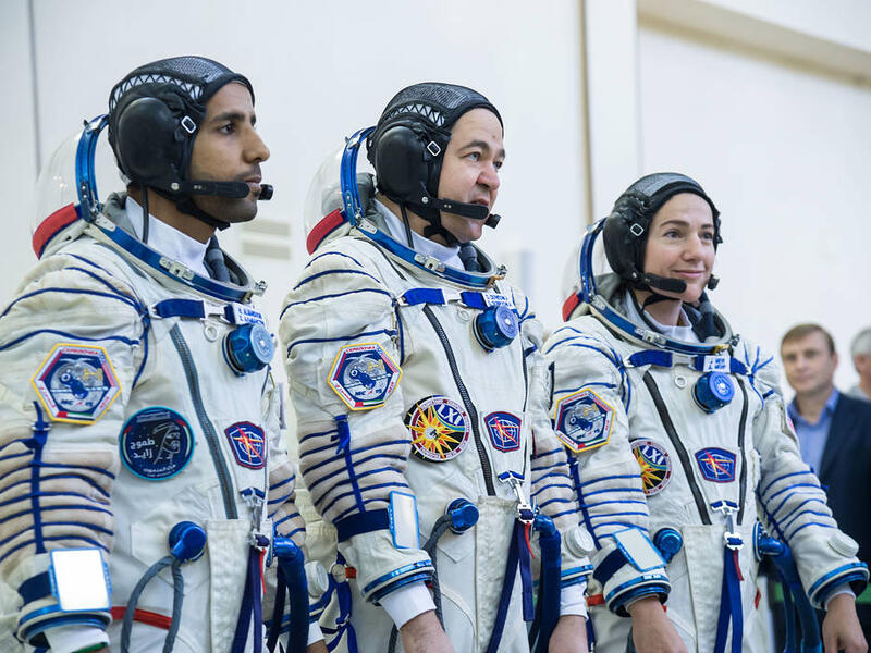 At the Gagarin Cosmonaut Training Center in Star City, Russia, spaceflight participant Hazzaa Ali Almansoori of the United Arab Emirates (left), Oleg Skripochka of Roscosmos (center) and Jessica Meir of NASA (right). (mage: NASA/Beth Weissinger)
