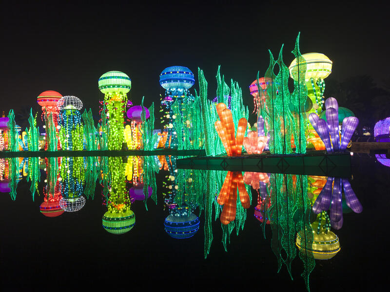 Beautiful installations at the Dubai Garden Glow family theme park illuminated at night. (Shutterstock/ File Photo)