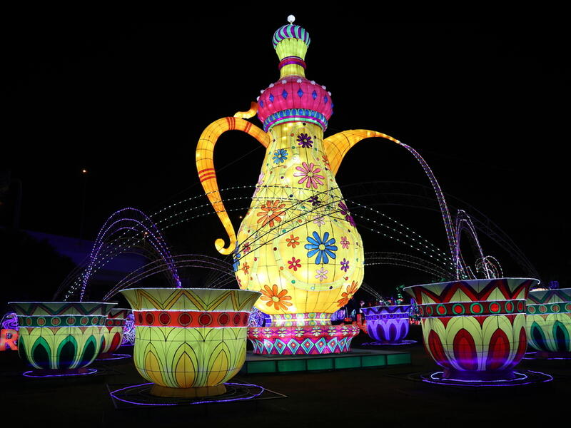 UAE Traditional Dallah or coffee pot decorated with lights at Dubai Garden Glow. (Shutterstock/ File Photo)