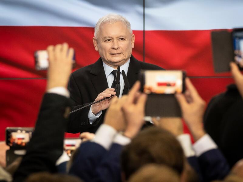Leader of Poland's ruling Law and Justice (PiS) party, Jaroslaw Kaczynski reacts after the first exit polls during the party's electoral evening in Warsaw, Poland, on October 13, 2019.  (AFP/ File Photo)