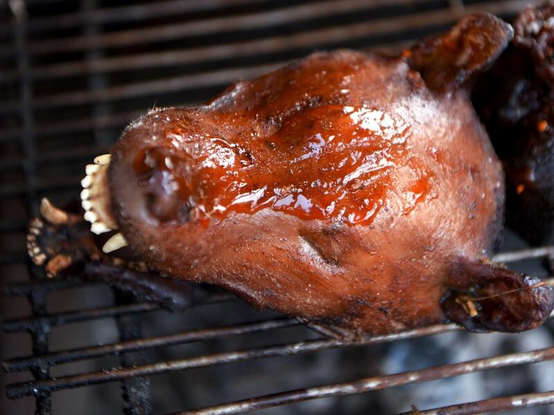 This photo taken on October 26, 2019 shows the head of a grilled dog at a restaurant in Kampong Cham province. Cambodian dog meat traders drown, strangle and stab thousands of canines a day in a shadowy but sprawling business that traumatises workers and exposes them to deadly health risks like rabies. TANG CHHIN Sothy / AFP