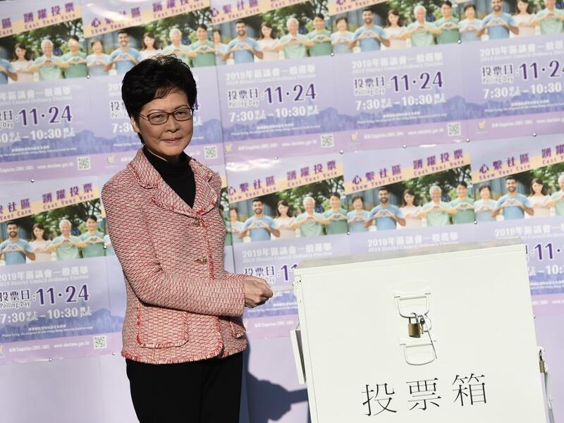 Hong Kong Chief Executive Carrie Lam casts her vote during the district council elections in Hong Kong on November 24, 2019.  (AFP/ File Photo)
