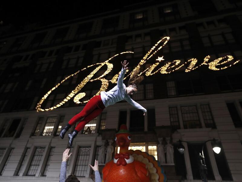 Performers from the Gamma Phi Circus exhibit their acts during the 93rd Annual Macy's Thanksgiving Day Parade rehearsals at Macy's Herald Square on November 26, 2019 in New York City. John Lamparski/Getty Images/AFP