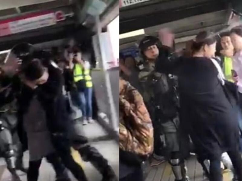 Social media footage shows one Hong Kong riot policeman pepper-spraying a woman  in the face in front of a screaming crowd. The victim is seen with an obvious baby bump in the clip. (Twitter)