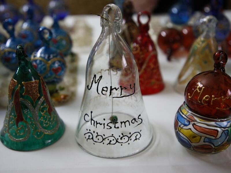 Christmas ornaments are displayed at a Palestinian glass workshop in the southern West Bank city of Hebron, on December 15, 2019. HAZEM BADER / AFP