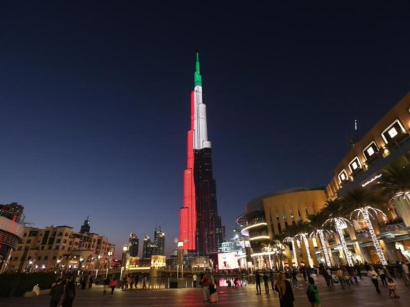 Burj Khalifa lighted with UAE national flag colours to celebrate the country's 48th National Day. (Twitter)