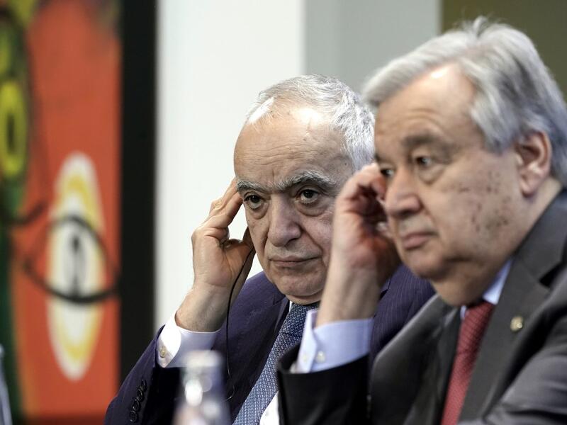Special Representative and Head of the United Nations Support Mission in Libya (UNSMIL) Ghassan Salame (L) and Secretary-General of the United Nations (UN) Antonio Guterres listen during a press conference at the end of a Peace summit on Libya at the Chancellery in Berlin on January 19, 2020. AFP