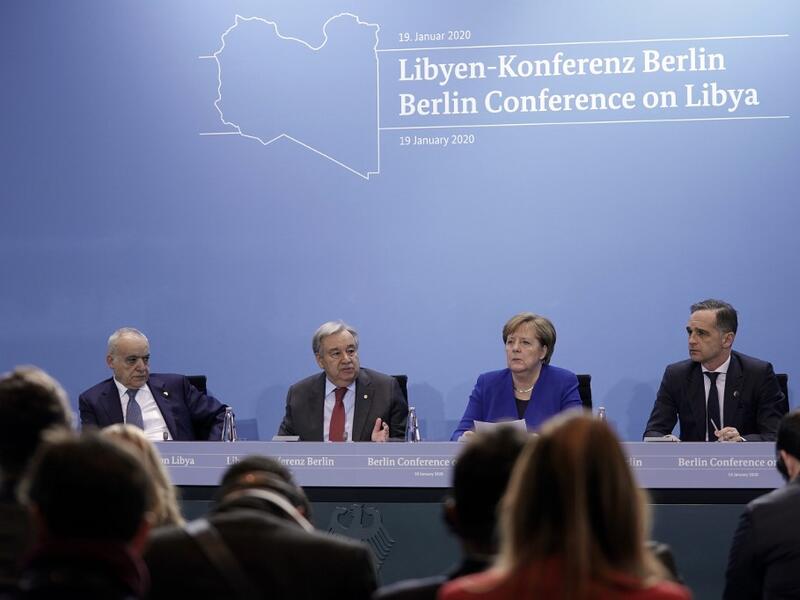 (LtoR) Special Representative and Head of the United Nations Support Mission in Libya (UNSMIL) Ghassan Salame; Secretary-General of the United Nations (UN) Antonio Guterres; German Chancellor Angela Merkel and German Foreign Minister Heiko Maas give a press conference at the end of a Peace summit on Libya at the Chancellery in Berlin on January 19, 2020. (AFP/ File Photo)
