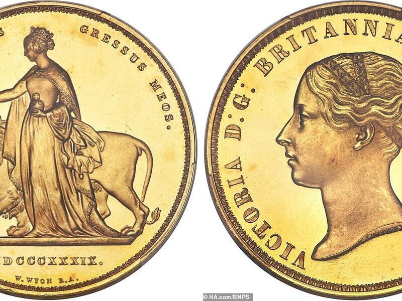 It depicts Victoria as Una, from the Elizabethan poem The Faerie Queene by Edmund Spenser. The reverse carries a portrait of the monarch (pictured). (HA.com/ BNPS)