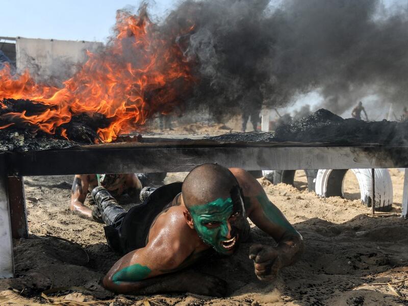 Palestinian police cadets take part in a training session at a police academy in Khan Yunis, in the southern Gaza Strip on February 6, 2020. MAHMUD HAMS / AFP
