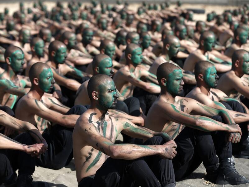 Palestinian police cadets take part in a training session at a police academy in Khan Yunis, in the southern Gaza Strip on February 6, 2020. MAHMUD HAMS / AFP