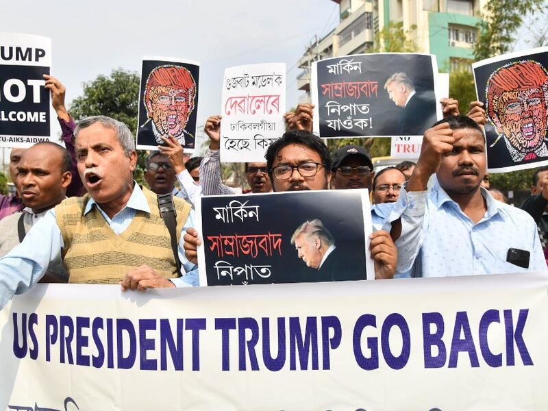 Activists of left-parties shout slogans against Donald Trump's visit to India, in Guwahati on February 24, 2020. DIPTENDU DUTTA / AFP