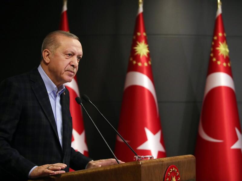 President of Turkey, Recep Tayyip Erdogan speaks during a press conference on the coronavirus (Covid-19) pandemic at Huber Palace in Istanbul, Turkey on March 27, 2020.  HANDOUT / TURKISH PRESIDENTIAL PRESS SERVICE / AFP