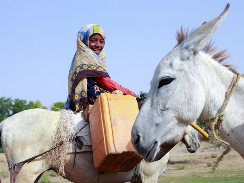 A Yemeni girl riding a donkey waits to fill jerrycans with water from a cistern at a make-shift camp for the internally displaced, in the northern Hajjah province, on June 7, 2020, amid a severe shortage of water. ESSA AHMED / AFP