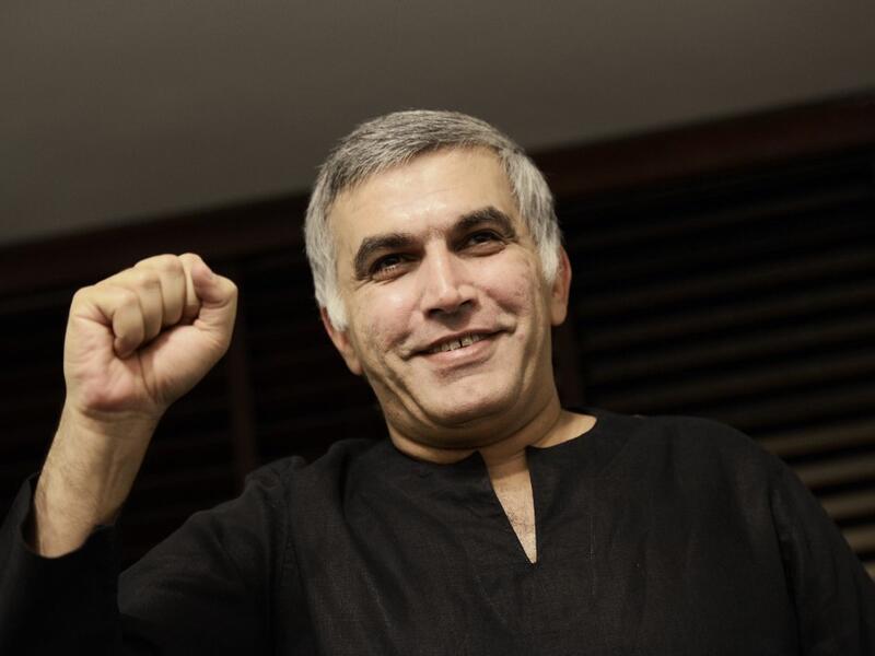 In this file photo taken on November 2, 2014 Bahraini human rights activist Nabeel Rajab gestures at his home in the village of Bani Jamrah, West of Manama. The prominent Bahraini rights activist was freed from jail on June 9, 2020 after being sentenced to five years imprisonment for tweeting criticism of the Saudi-led military campaign in Yemen. MOHAMMED AL-SHAIKH / AFP