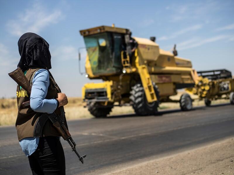 A harvester drives past a Kurdish female volunteer, from the newly formed Community Protection Forces, patrolling a wheat field, against threats by jihadists to burn the crops, during harvest season on June 13, 2020, in the countryside east of Qamishli in Syria's northeastern Hasakah province. Delil SOULEIMAN / AFP