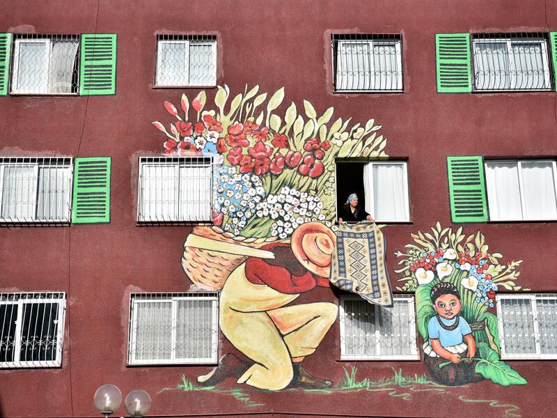 Within the scope of the project launched in Mersin, the walls of the old apartment buildings painted by Nazife Bilgin Hazar are decorated with the works of famous painters. (Twitter/@doganburak29)