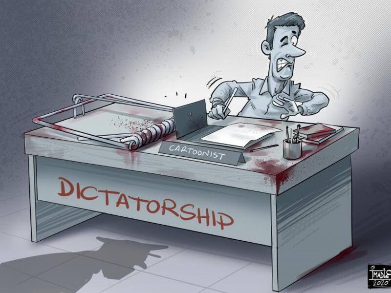 Cartoonists draw in solidarity with Emad Hajjaj, who was arrested in Jordan over a cartoon this week. (Image by Sanouni Imad/ Facebook)