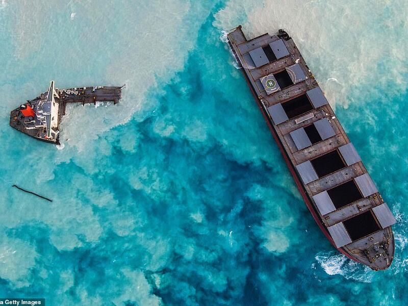 An aerial view taken in Mauritius on August 17. The MV Wakashio struck a coral reef off the Indian Ocean island on July 25 and began spilling oil on Aug. 6, prompting the government to announce a state of environmental emergency. (AFP)