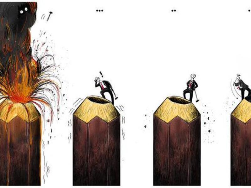 Cartoonists protest the arrest of Emad Hajjaj. (Rafat Alkhateeb/ Twitter)