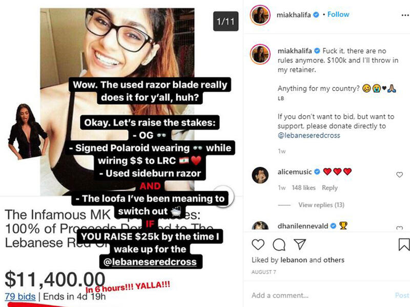Mia Khalifa auctioned her iconic signature eyeglasses to raise money for the Lebanese Red Cross. The bid reached $100,000.