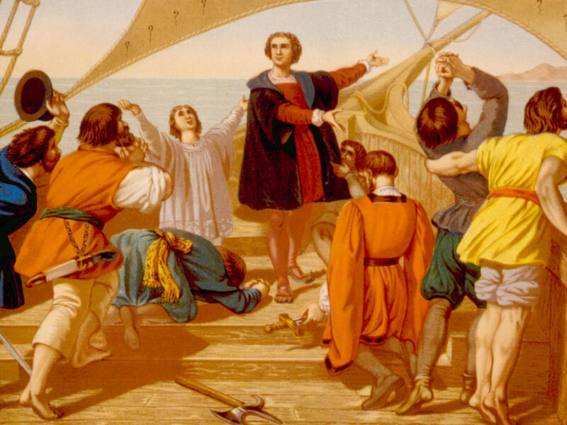 Christopher Columbus' first view of the New World on October 12, 1492 as depicted in a chromolithograph from 1892  (Shutterstock)	