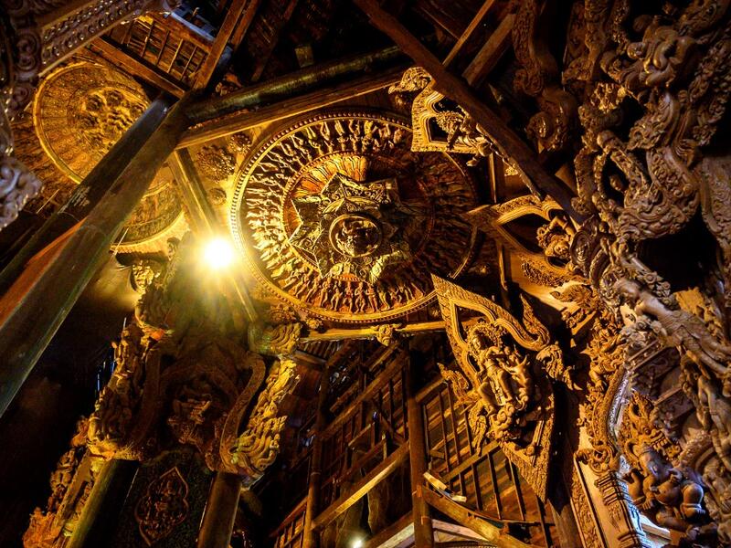 Inspired by the Thai temples in Ayutthaya, the building was designed by Thai businessman Lek Viriyaphan and is decorated with ornamentation from the Thai, Hindu, Buddhist, Chinese, and Khmer traditions. The construction started in 1981 and is not expected to be finished until 2025. Mladen ANTONOV / AFP