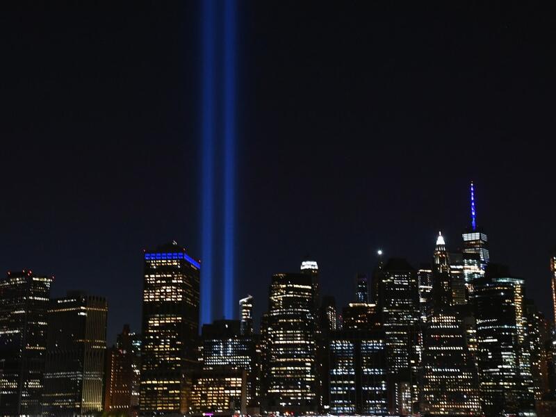 The Tribute in Light art installation shines into the sky over Manhattan on September 11, 2020 in New York to mark the 19th anniversary of the 9/11 attacks. Angela Weiss / AFP