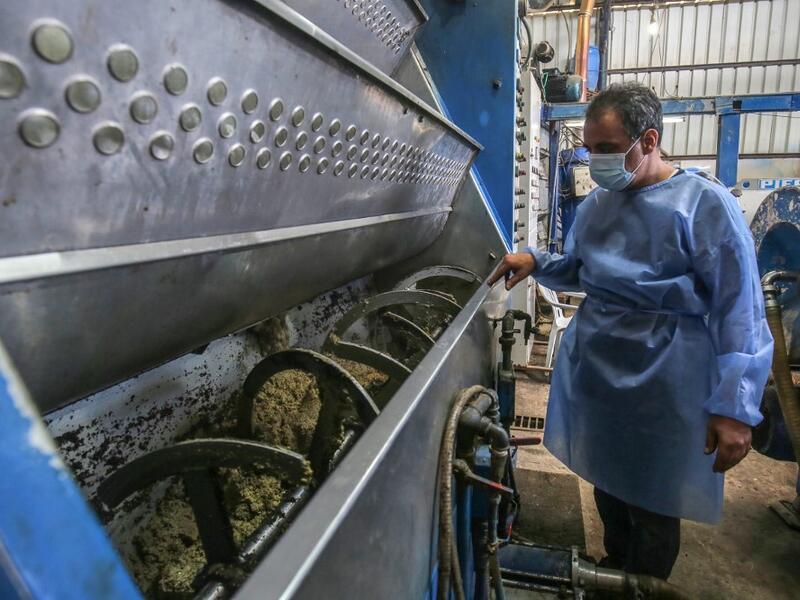 A worker watches as olives are crushed inside a machine at an olive oil factory in Khan Yunis, in the southern Gaza Strip on October 4, 2020. SAID KHATIB / AFP