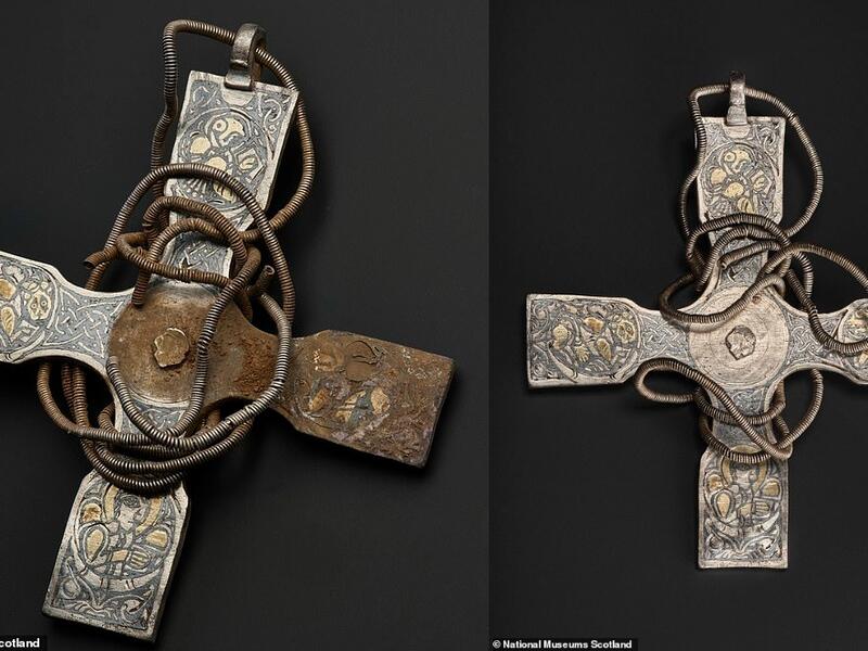 The objects which were dug up were sold to the National Museums Scotland in 2017. Pictured is the cross before its restoration. (National Museums Scotland)