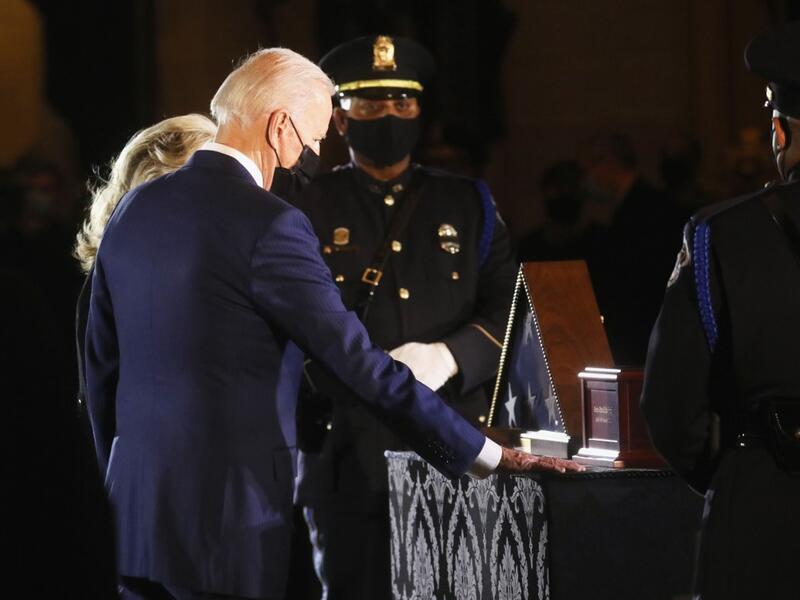 Brian Sicknick was reportedly struck in the head with a fire extinguisher while struggling with the rioters who swarmed through the halls of Congress.  LEAH MILLIS / POOL / AFP