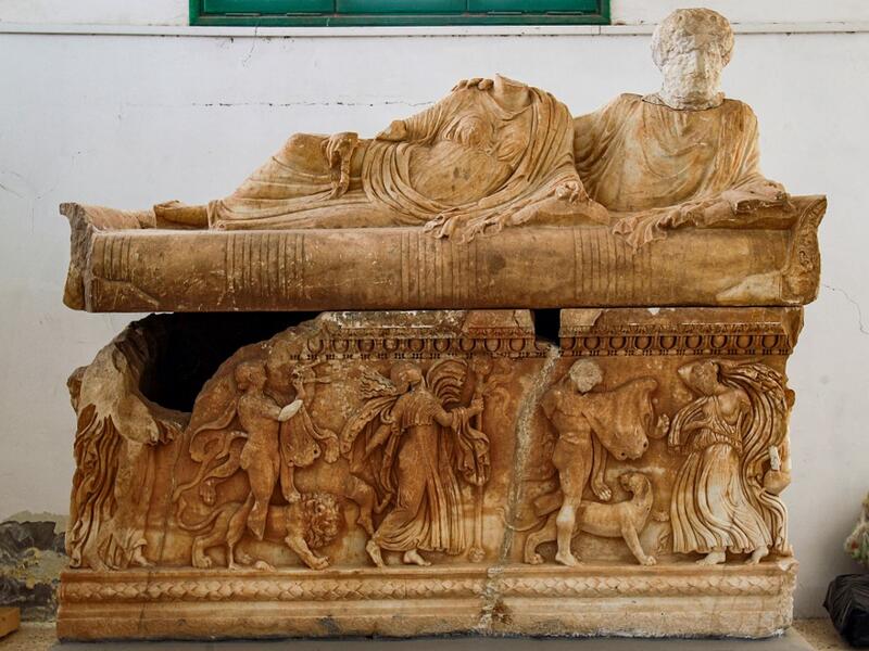  a view of a Dionysiac stone sarcophagus depicting the god Dionysius riding a lion, on display at the Cyrene Museum which houses Greco-Roman artefacts, in the eastern Libyan town of Shahat