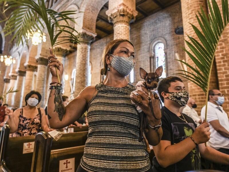 A catholic faithful holding her dog attends the traditional Palm Sunday 