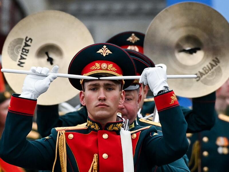 Military musicians perform on Red Square during the Victory Day military parade in Moscow on May 9, 2021. Russia celebrates the 76th anniversary of the victory over Nazi Germany during World War II