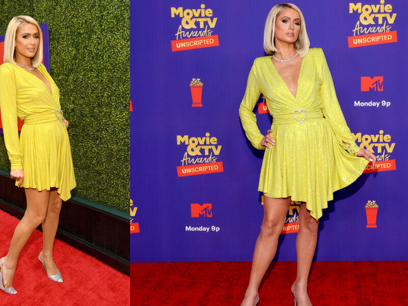 Paris Wears sunny dress for the red carpet 