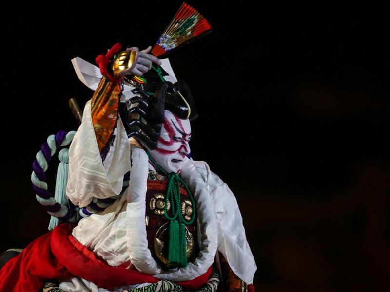Kabuki actor Ebizo Ichikawa performs during the opening ceremony of the Tokyo 2020 Olympic Games, at the Olympic Stadium in Tokyo