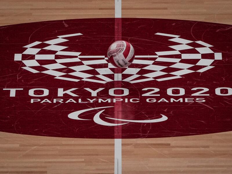 A wheelchair rugby ball is seen during a training session between Denmark and Britain at Yoyogi National Stadium in Tokyo ahead of the Tokyo 2020 Paralympic Games on August 22, 2021. 