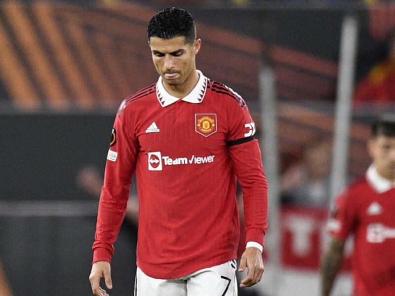 Manchester United's Portuguese striker Cristiano Ronaldo  react after conceding a goal during the UEFA Europa League Group E football match between Manchester United and Real Sociedad, at Old Trafford stadium, in Manchester, on September 8, 2022. (Photo by Oli SCARFF / AFP)