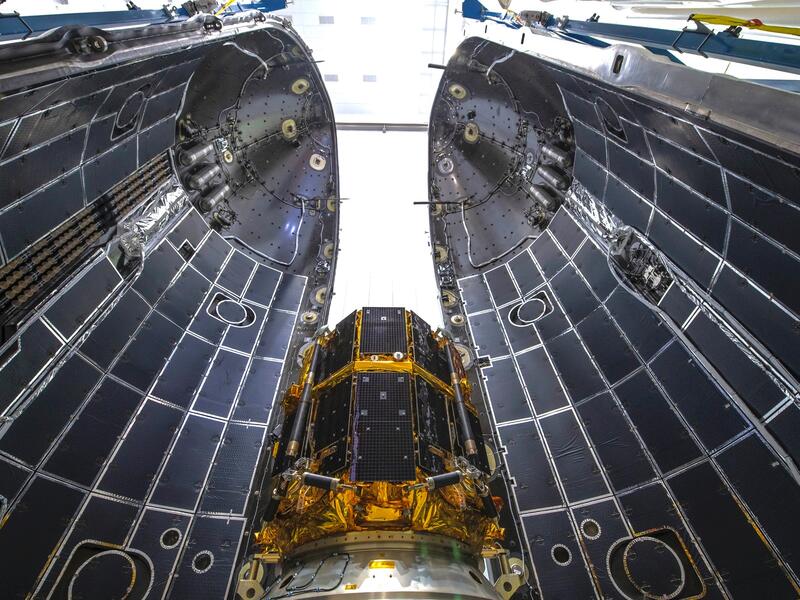 This undated handout photo released by Japanese firm ispace on April 25, 2023 shows the Hakuto-R Mission 1 lander stored in the fairing of SpaceX's Falcon 9 rocket at an unknown location. Japanese space start-up ispace will attempt on April 25, 2023 to become the first private company to put a lander on the Moon. (Photo by Handout / ispace / AFP)