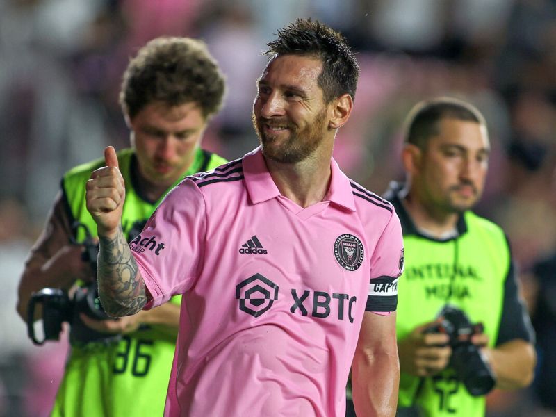 Inter Miami's Argentine forward #10 Lionel Messi gives a thumbs up following the Major League Soccer (MLS) football match between Inter Miami CF and FC Cincinnati at DRV PNK Stadium in Fort Lauderdale, Florida, on October 7, 2023. (Photo by Chris Arjoon / AFP)