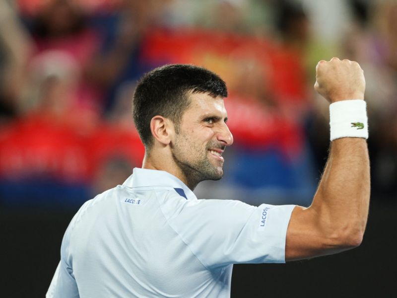 Serbia's Novak Djokovic celebrates after victory against France's Adrian Mannarino during their men's singles match on day eight of the Australian Open tennis tournament in Melbourne on January 21, 2024. (Photo by Martin KEEP / AFP)