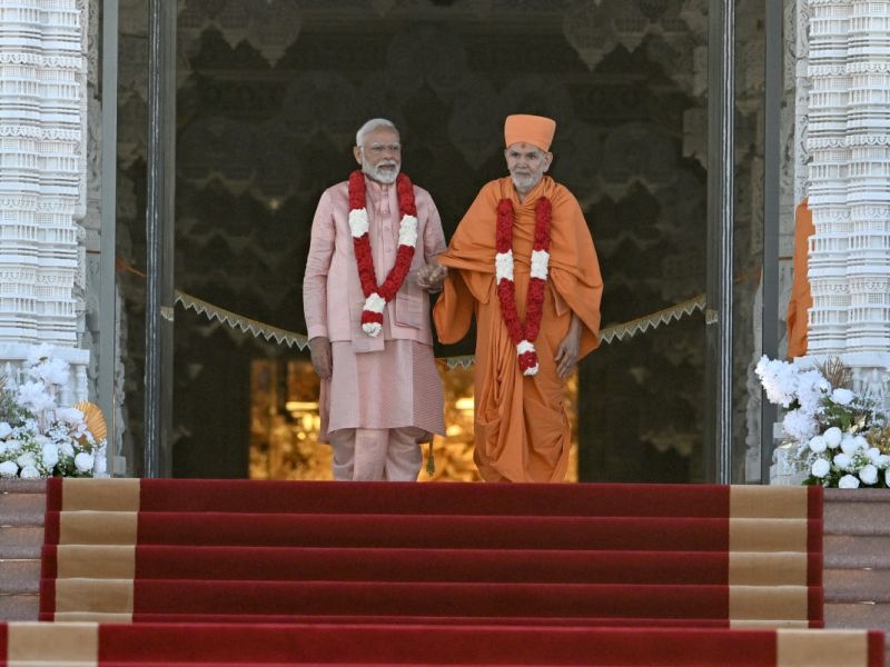 This picture taken in Abu Dhabi on February 14, 2024 shows preparations ahead of the arrival of the Indian prime minister for the inaguruation of the BAPS Hindu Mandir, the largest Hindu temple in the Middle East.