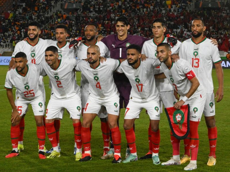 Morocco's players pose ahead of the Africa Cup of Nations (CAN) 2024 group F football match between Zambia and Morocco at the Stade Laurent Pokou in San Pedro on January 24, 2024. (Photo by SIA KAMBOU / AFP)