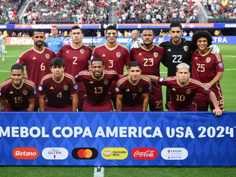 Venezuela players pose for a team photo ahead of the Conmebol 2024 Copa America tournament group B football match between Venezuela and Mexico at SoFi Stadium in Inglewood, California on June 26, 2024. (Photo by Patrick T. Fallon / AFP)