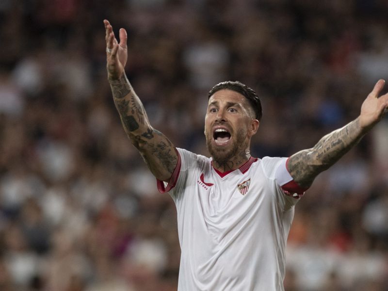 Sevilla's Spanish defender #4 Sergio Ramos reacts during the Spanish league football match between Sevilla FC and FC Barcelona at the Ramon Sanchez Pizjuan stadium in Seville on May 26, 2024. (Photo by JORGE GUERRERO / AFP)