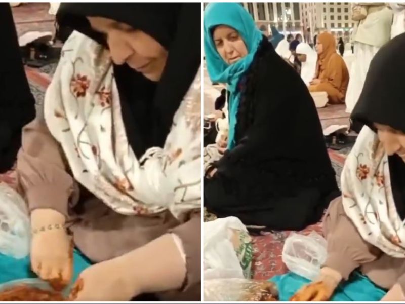 Turkish woman kneading raw Kofta inside Prophet's Mosque in Saudi Arabia