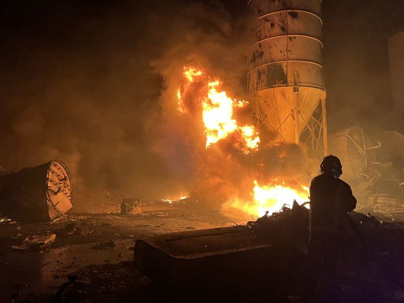 A firefighter douses the flames of a fire that took over a cement manufacturing complex following a series of Israeli airstrikes, in the village of Ansar, near Doueir, southern Lebanon, on October 16, 2025. AFP Israeli drone strike kills two brothers in southern Lebanon