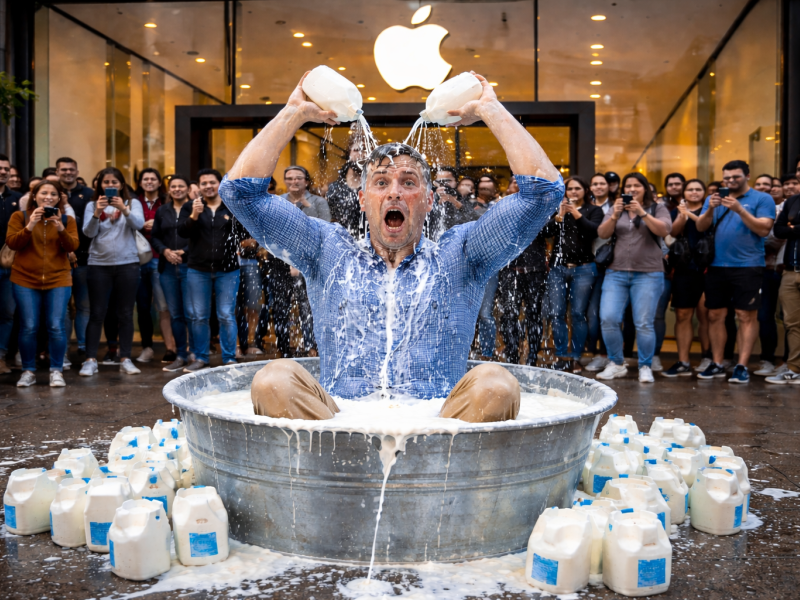 رجل يستحم بالحليب أمام متجر آبل 